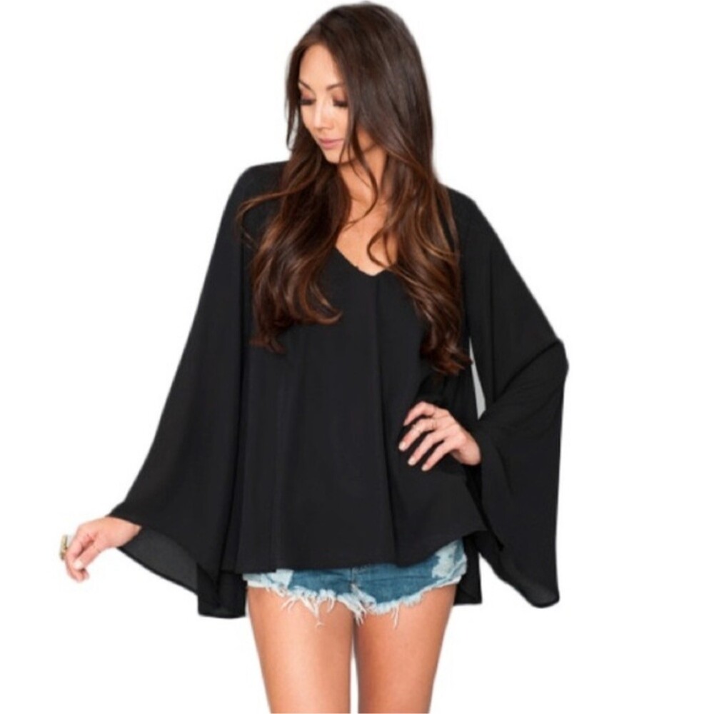 Show Me Your Mumu Lizzie Draped Bell Sleeve Black V Neck Flowy Blouse Women's S
